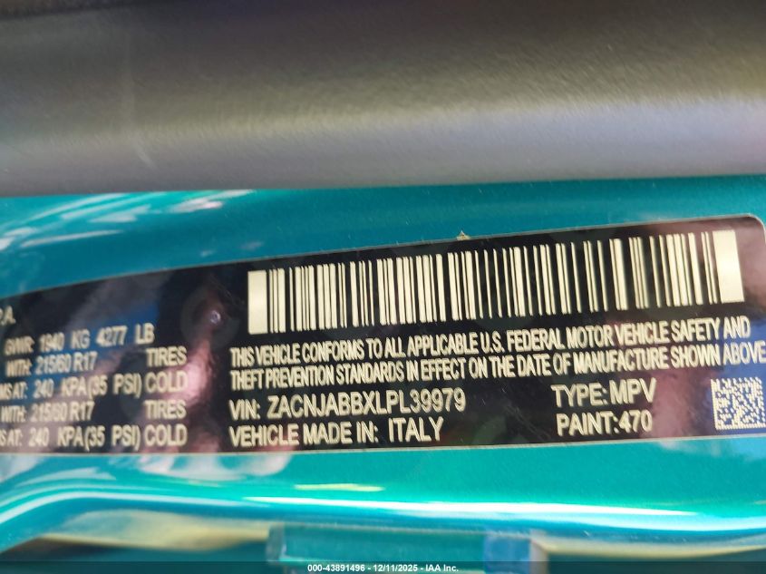 2020 Jeep Renegade Altitude Fwd VIN: ZACNJABBXLPL39979 Lot: 43891496