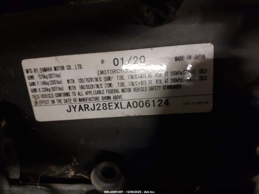 2020 Yamaha Yzfr6 VIN: JYARJ28EXLA006124 Lot: 43891497