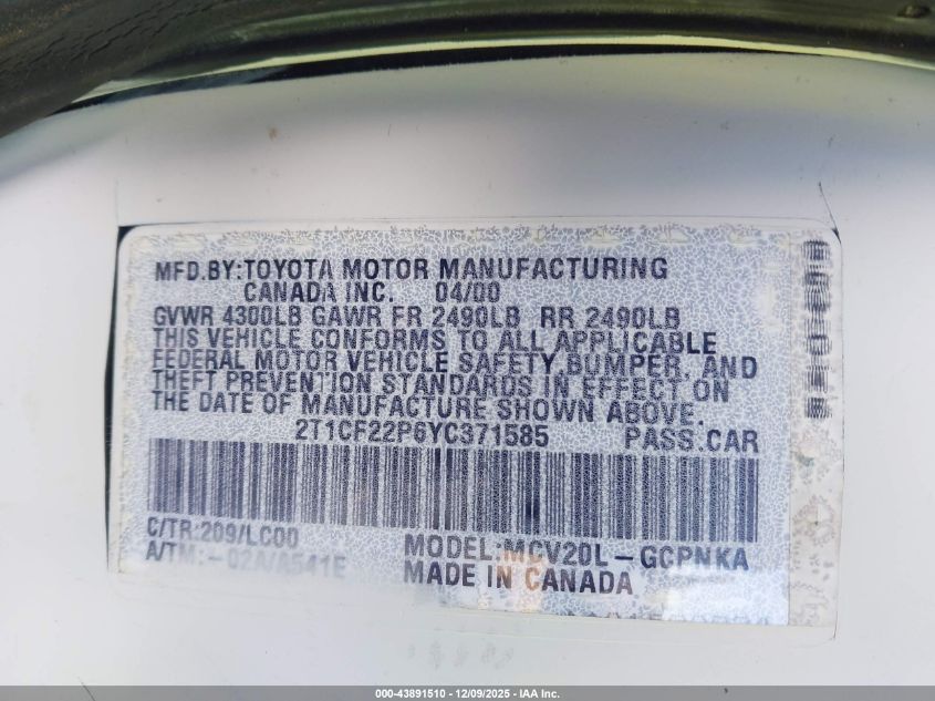 2000 Toyota Camry Solara Sle V6 VIN: 2T1CF22P6YC371585 Lot: 43891510