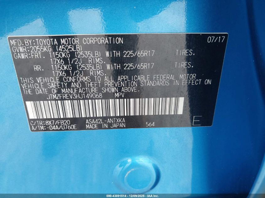 2017 Toyota Rav4 Le VIN: JTMZFREV3HJ149068 Lot: 43891514