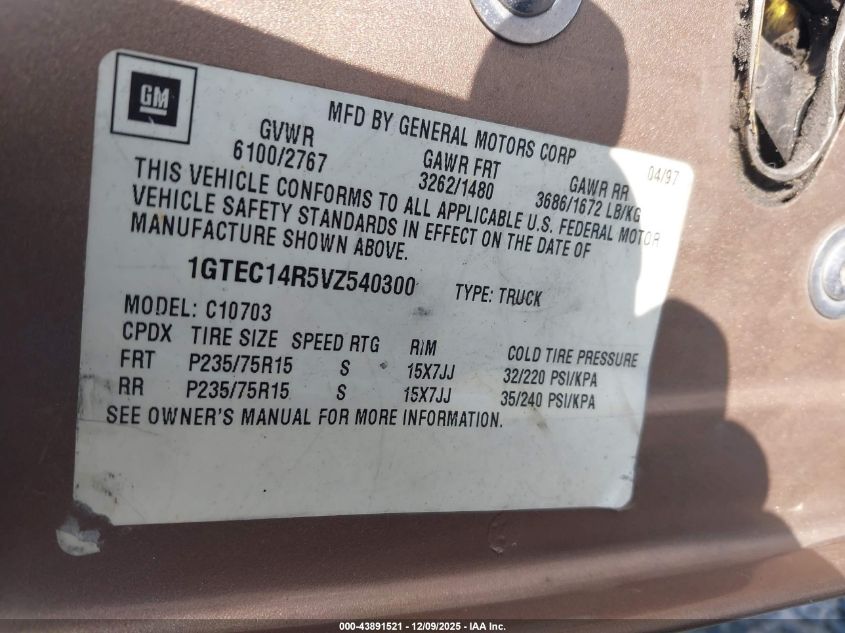1997 GMC Sierra 1500 Sl Wideside VIN: 1GTEC14R5VZ540300 Lot: 43891521