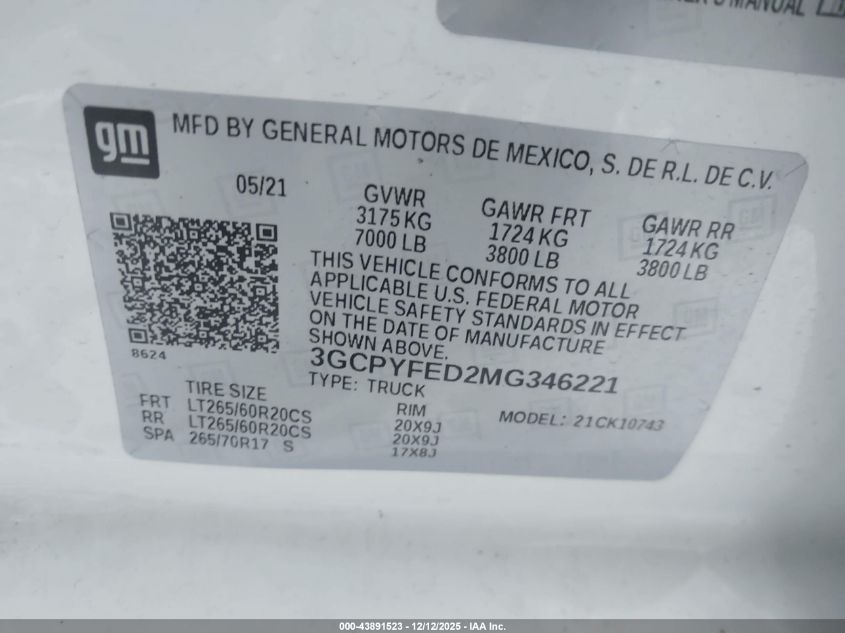 2021 Chevrolet Silverado 1500 4Wd Standard Bed Lt Trail Boss VIN: 3GCPYFED2MG346221 Lot: 43891523