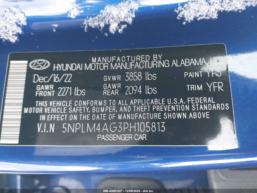 2023 Hyundai Elantra Sel VIN: 5NPLM4AG3PH105813 Lot: 43891527