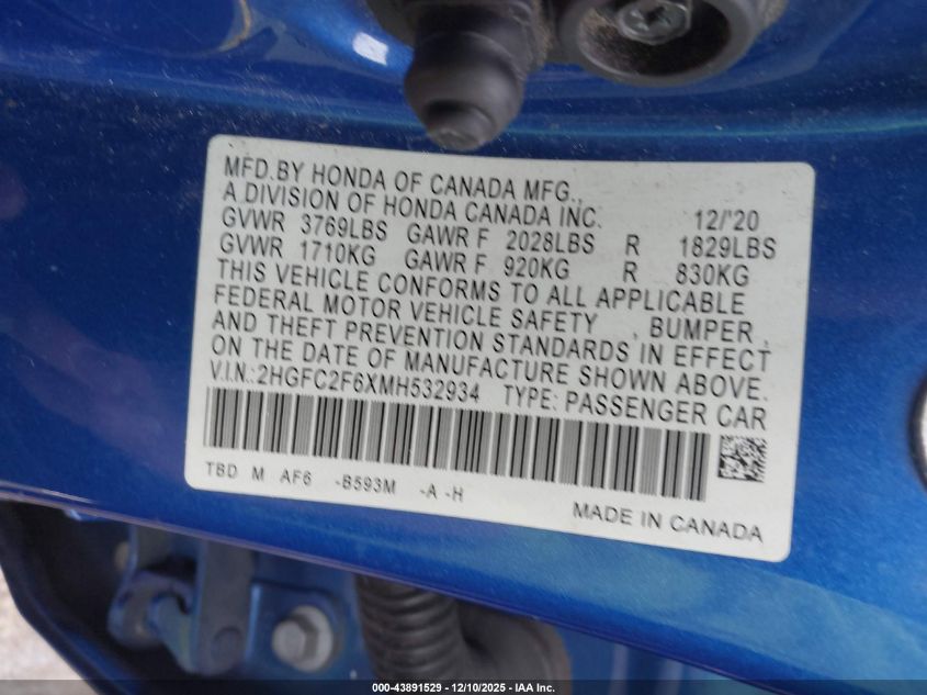 2021 Honda Civic Lx VIN: 2HGFC2F6XMH532934 Lot: 43891529