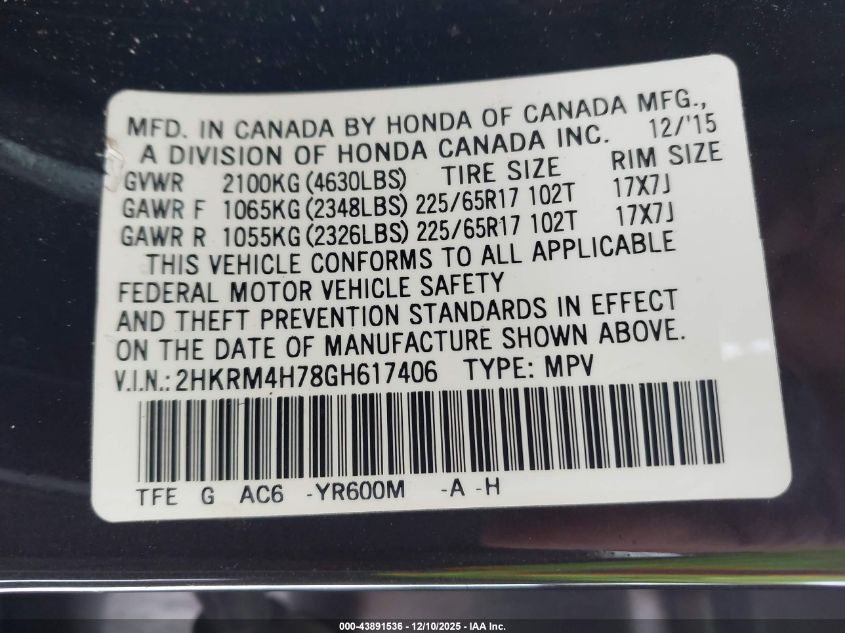 2016 Honda Cr-V Ex-L VIN: 2HKRM4H78GH617406 Lot: 43891536