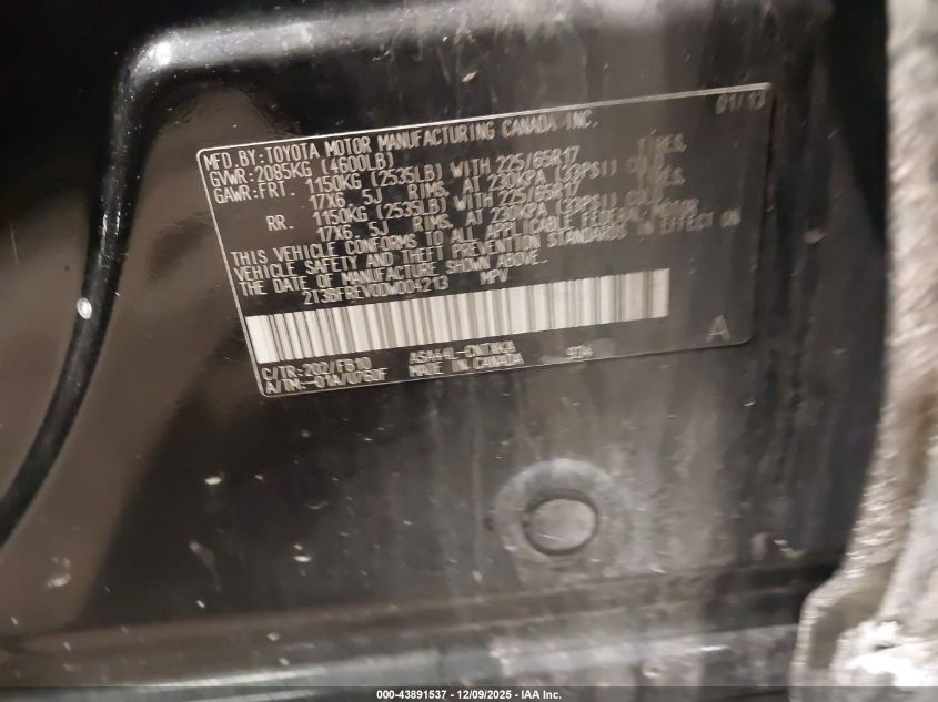 2013 Toyota Rav4 Le VIN: 2T3BFREV0DW004213 Lot: 43891537