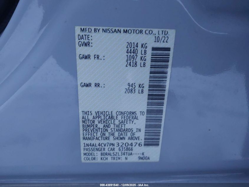 2023 Nissan Altima Sr Vc-Turbo Fwd VIN: 1N4AL4CV7PN320476 Lot: 43891540