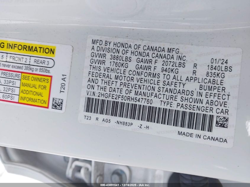 2024 Honda Civic Sport VIN: 2HGFE2F50RH547760 Lot: 43891541