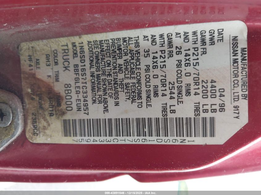 1996 Nissan Truck King Cab Se/King Cab Xe VIN: 1N6SD16S7TC334957 Lot: 43891546