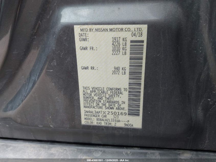 2018 Nissan Altima 2.5 Sr VIN: 1N4AL3AP7JC250169 Lot: 43891551