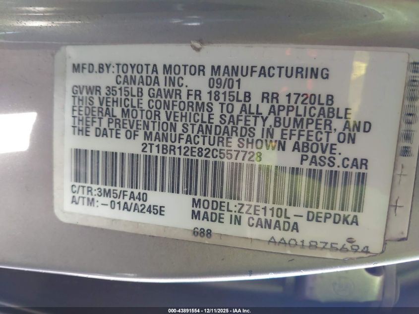 2002 Toyota Corolla Le VIN: 2T1BR12E82C557728 Lot: 43891554