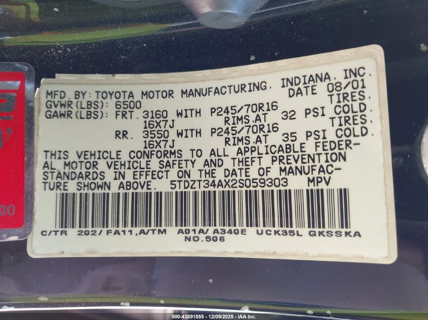 2002 Toyota Sequoia Sr5 V8 VIN: 5TDZT34AX2S059303 Lot: 43891555