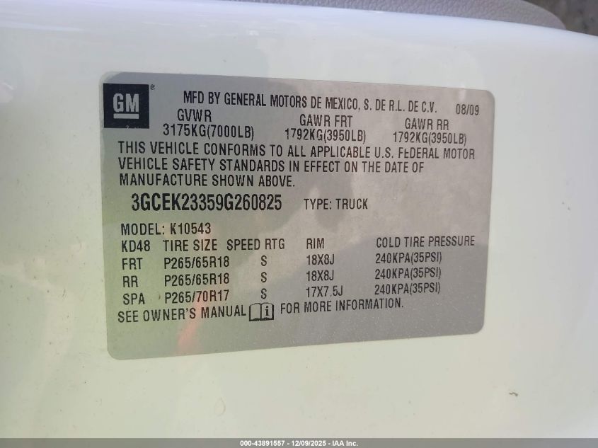 2009 Chevrolet Silverado 1500 Lt VIN: 3GCEK23359G260825 Lot: 43891557