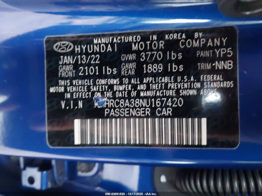 2022 Hyundai Venue Sel VIN: KMHRC8A38NU167420 Lot: 43891558