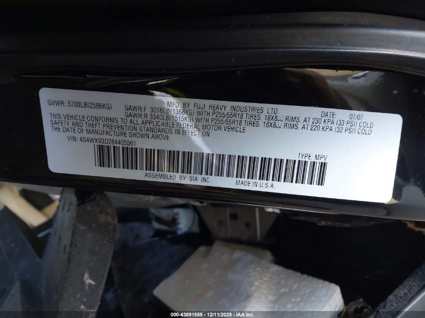 2008 Subaru Tribeca Limited 5-Passenger VIN: 4S4WX93D284405561 Lot: 43891559