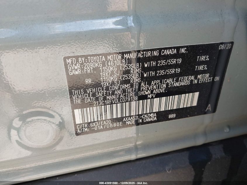 2020 Toyota Rav4 Xle Premium VIN: 2T3C1RFV0LC079138 Lot: 43891568