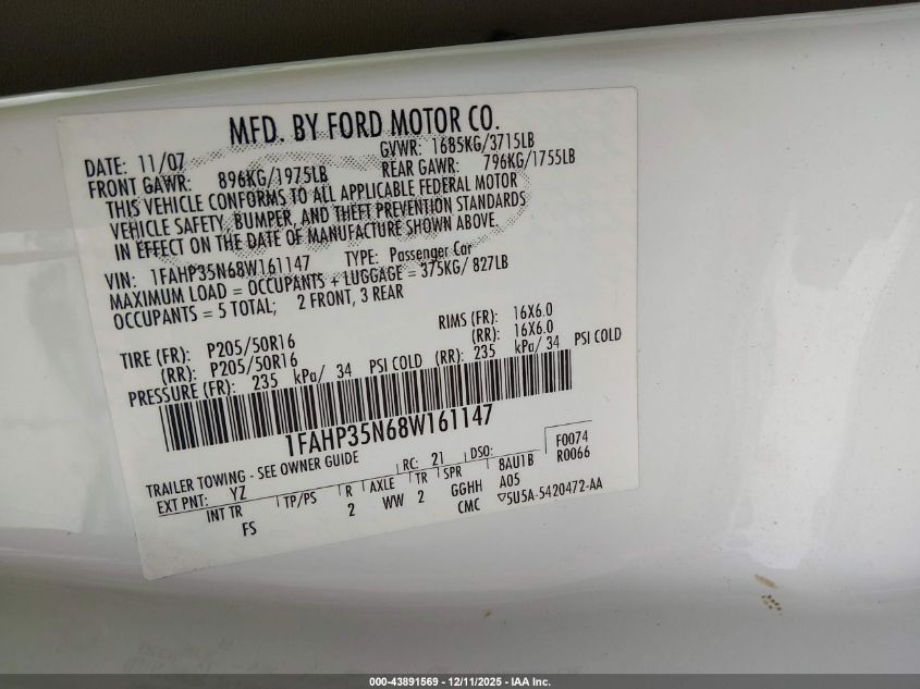 2008 Ford Focus Se/Ses VIN: 1FAHP35N68W161147 Lot: 43891569