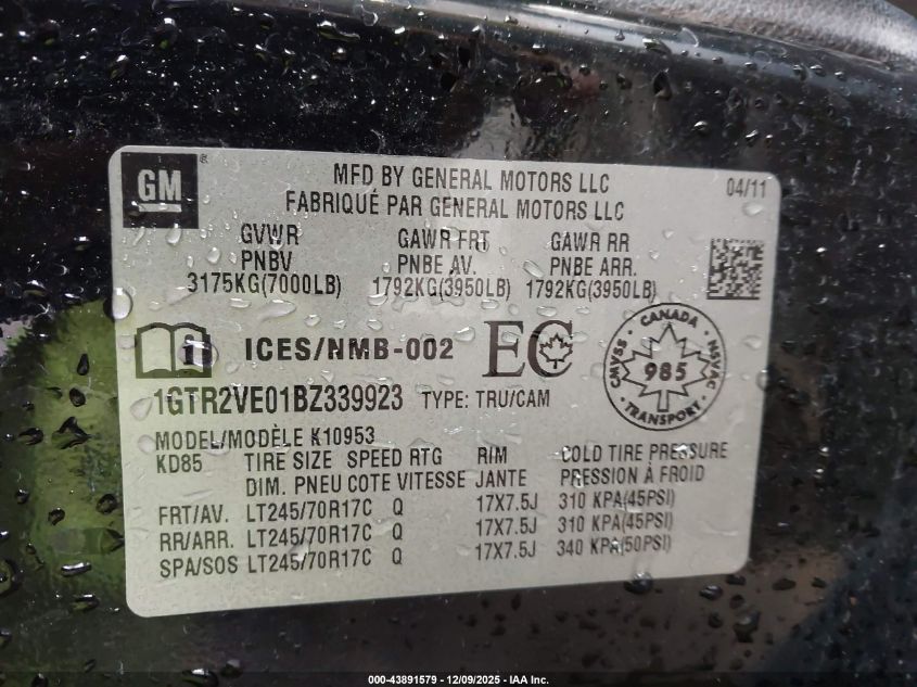 2011 GMC Sierra 1500 Sle VIN: 1GTR2VE01BZ339923 Lot: 43891579