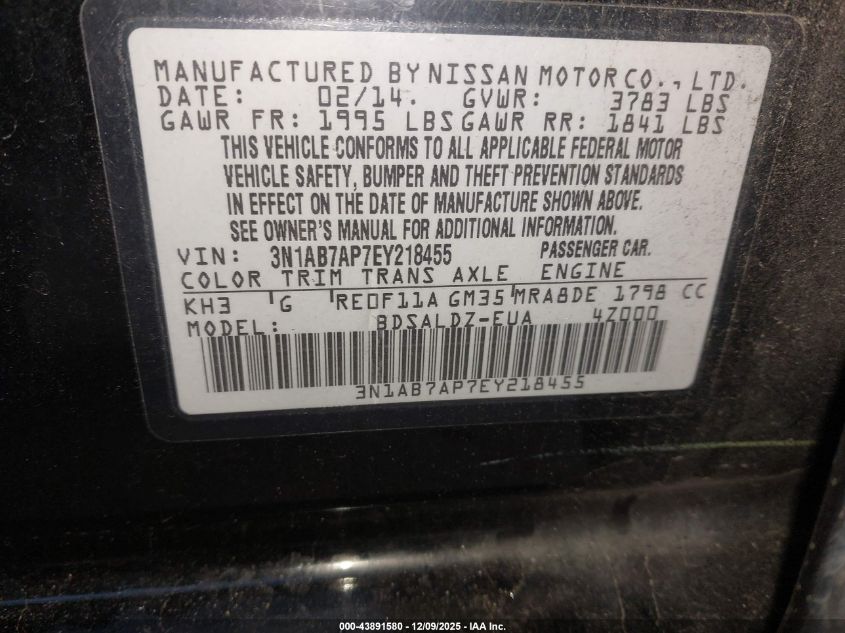 2014 Nissan Sentra Fe+ S/Fe+ Sv/S/Sl/Sr/Sv VIN: 3N1AB7AP7EY218455 Lot: 43891580