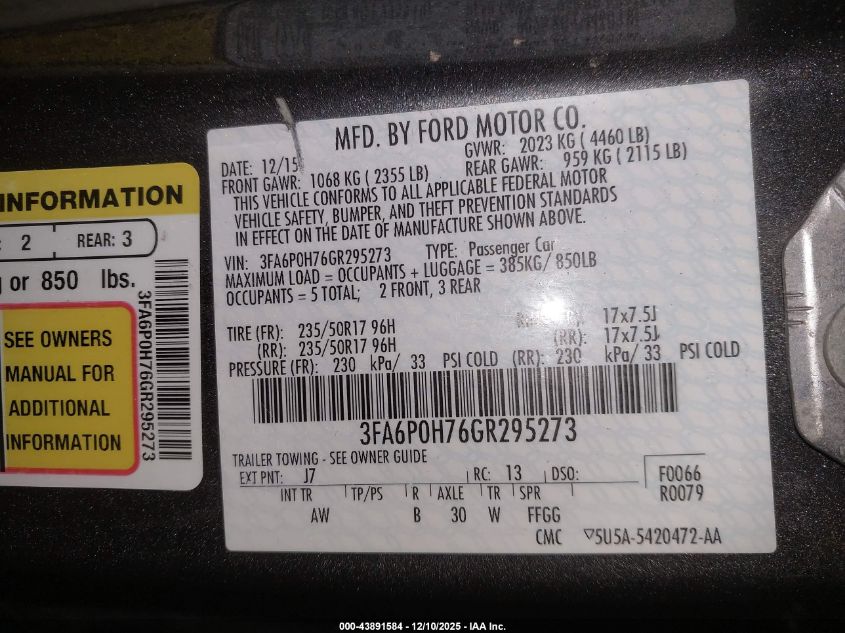 2016 Ford Fusion Se VIN: 3FA6P0H76GR295273 Lot: 43891584