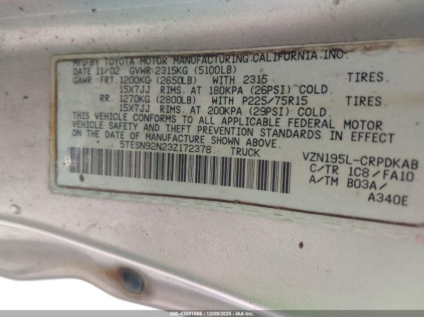 2003 Toyota Tacoma Prerunner V6 VIN: 5TESN92N23Z172378 Lot: 43891586