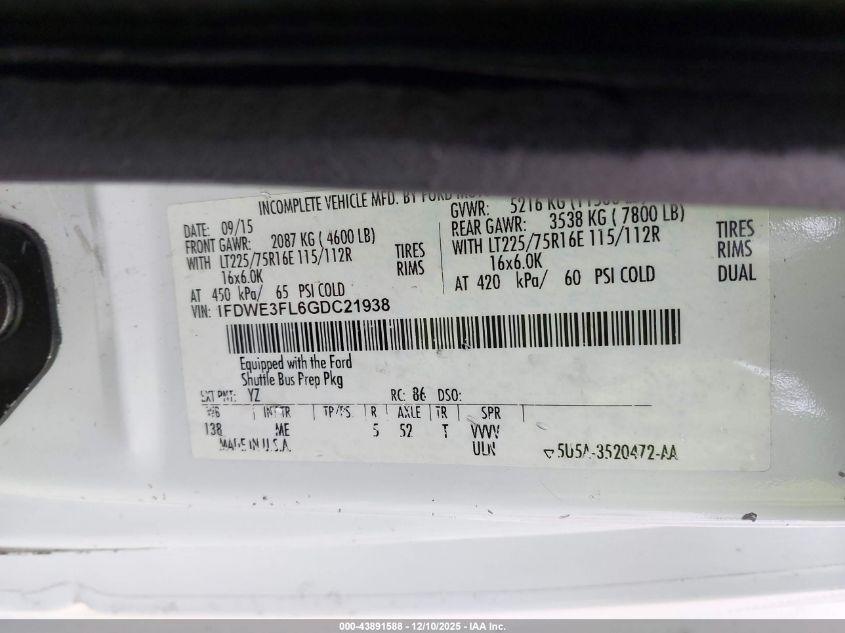 2015 Ford E-350 Cutaway VIN: 1FDEE3FL7FDA34542 Lot: 43891588