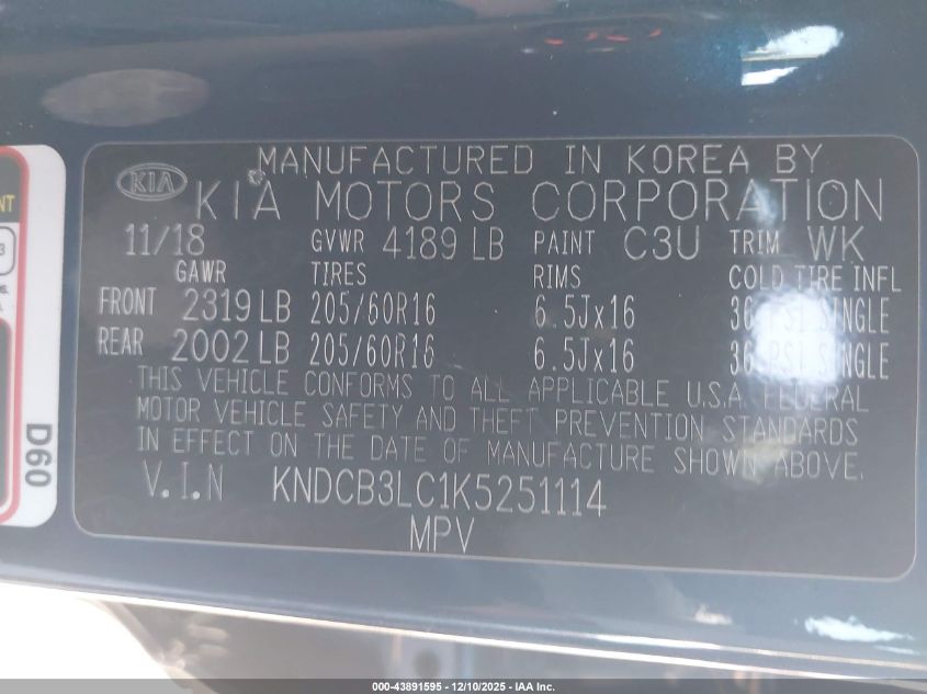 2019 Kia Niro Lx VIN: KNDCB3LC1K5251114 Lot: 43891595