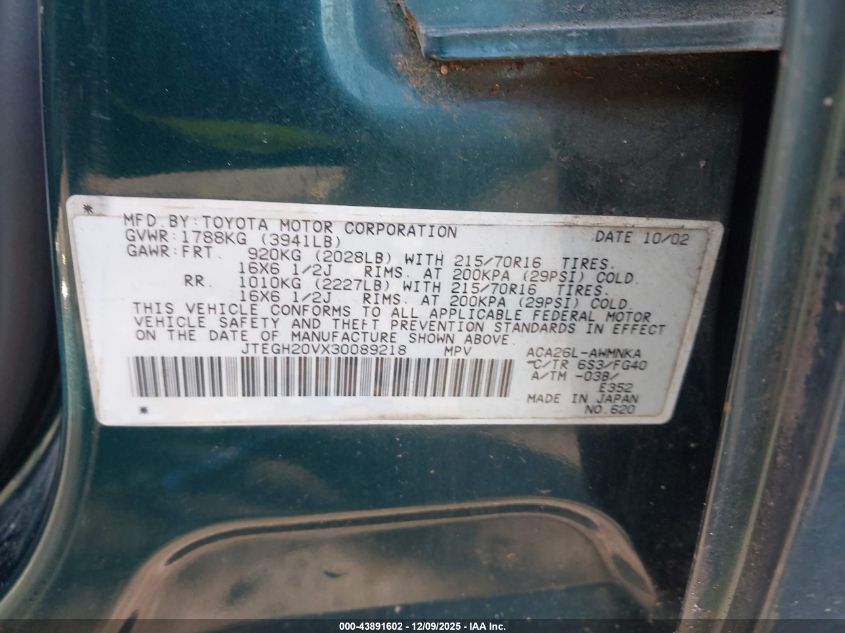 2003 Toyota Rav4 VIN: JTEGH20VX30089218 Lot: 43891602