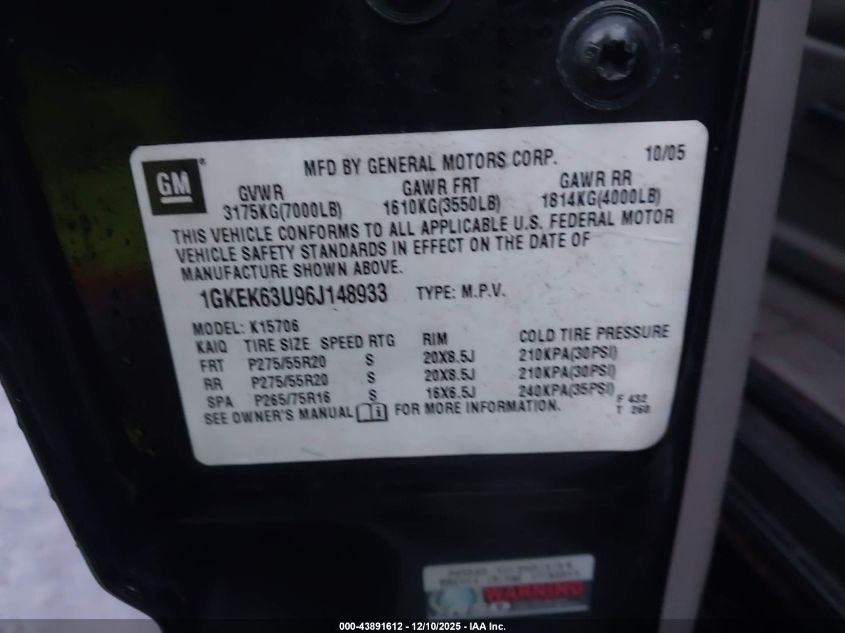 2006 GMC Yukon Denali VIN: 1GKEK63U96J148933 Lot: 43891612