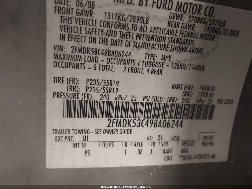 2009 Ford Flex Limited VIN: 2FMDK53C49BA06244 Lot: 43891633