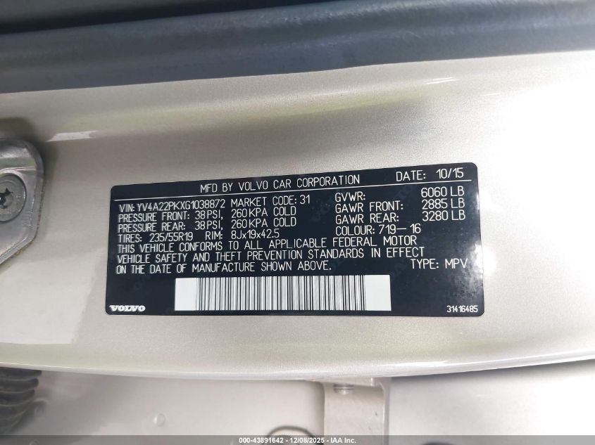 2016 Volvo Xc90 T6 Momentum VIN: YV4A22PKXG1038872 Lot: 43891642