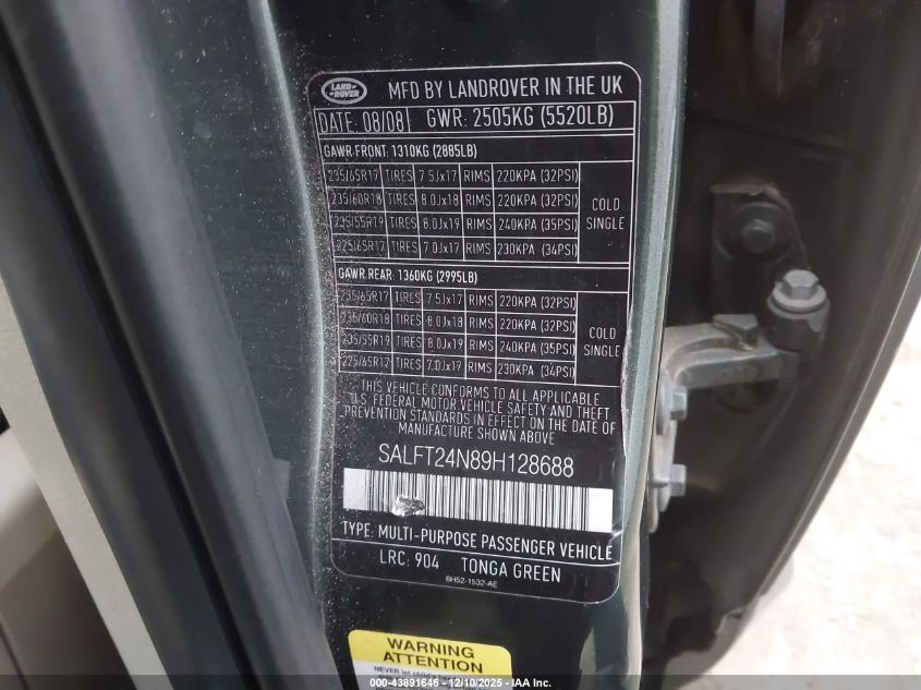 2009 Land Rover Lr2 Hse VIN: SALFT24N89H128688 Lot: 43891646