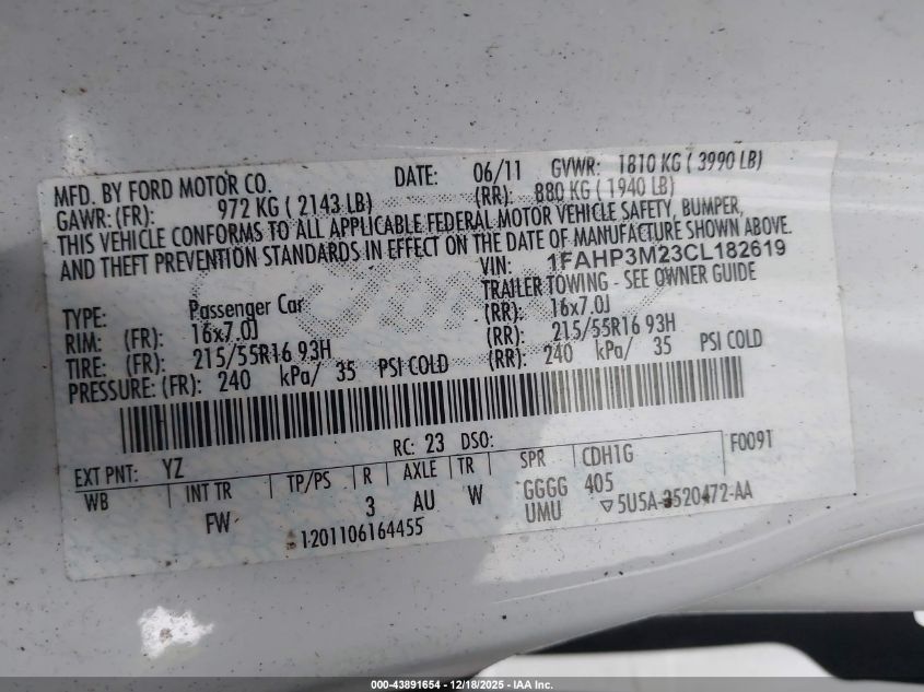 2012 Ford Focus Sel VIN: 1FAHP3M23CL182619 Lot: 43891654