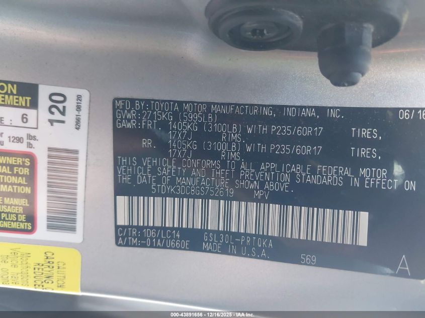 2016 Toyota Sienna Xle 8 Passenger VIN: 5TDYK3DC8GS752619 Lot: 43891656