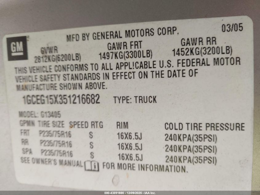 2005 Chevrolet Express VIN: 1GCEG15X351216682 Lot: 43891666