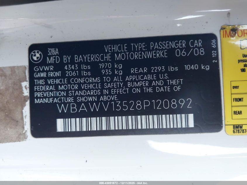 2008 BMW 328I VIN: WBAWV13528P120892 Lot: 43891672