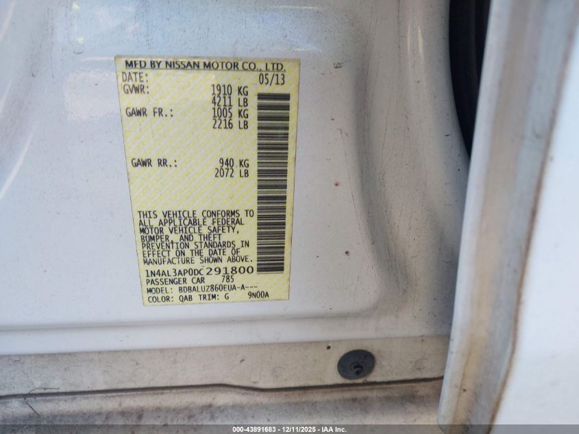 2013 Nissan Altima 2.5 Sv VIN: 1N4AL3AP0DC291800 Lot: 43891683