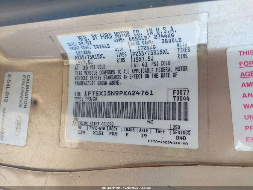 1993 Ford F150 VIN: 1FTEX15N9PKA24761 Lot: 43891691