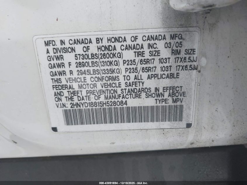 2005 Acura Mdx VIN: 2HNYD18815H528084 Lot: 43891694