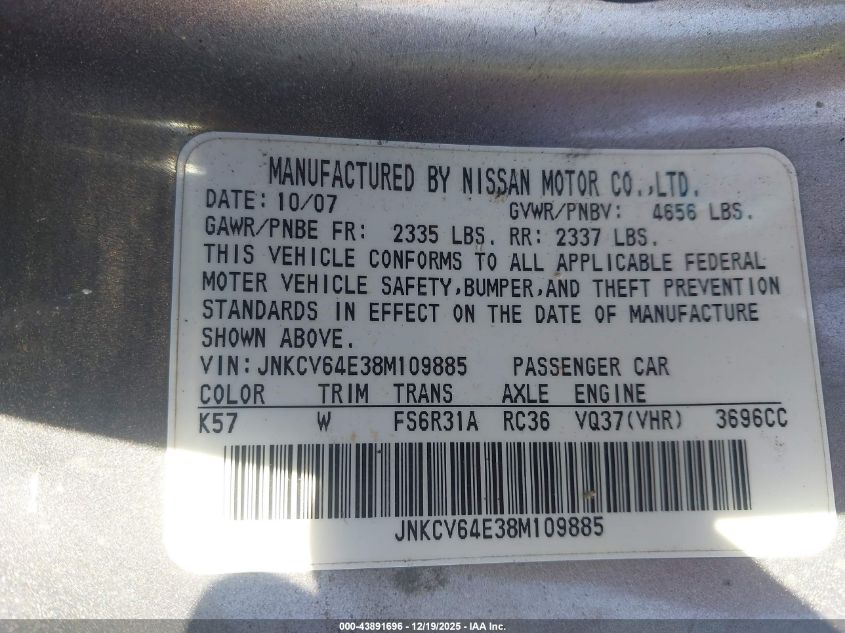 2008 Infiniti G37 Sport VIN: JNKCV64E38M109885 Lot: 43891696
