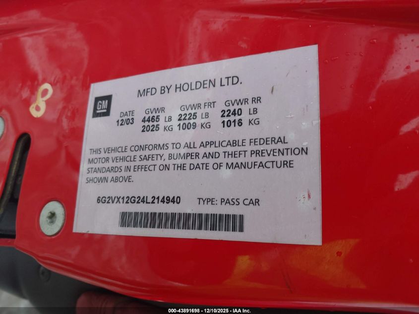 2004 Pontiac Gto VIN: 6G2VX12G24L214940 Lot: 43891698