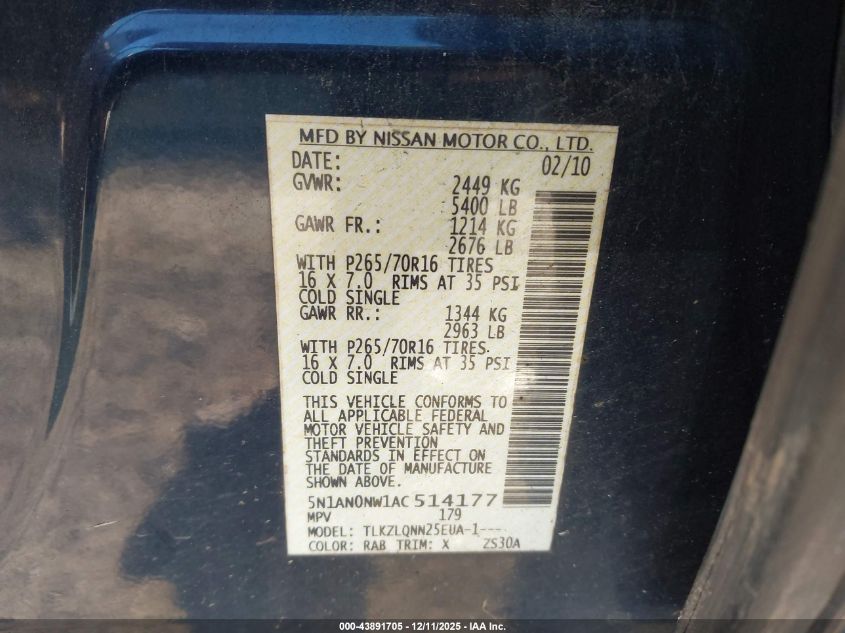 2010 Nissan Xterra X VIN: 5N1AN0NW1AC514177 Lot: 43891705