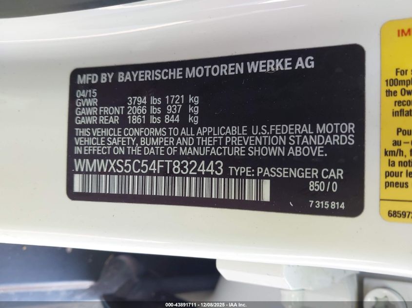 2015 Mini Hardtop Cooper VIN: WMWXS5C54FT832443 Lot: 43891711