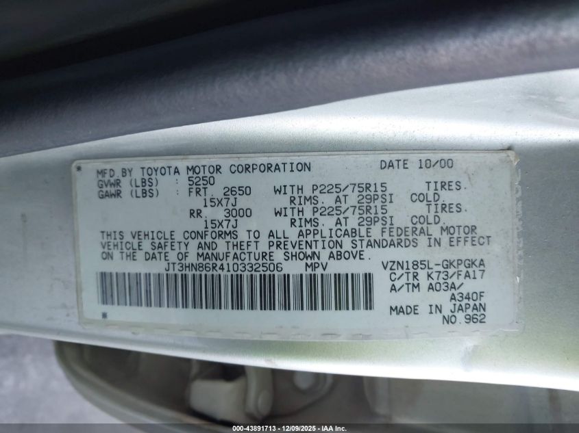 2001 Toyota 4Runner Sr5 V6 VIN: JT3HN86R410332506 Lot: 43891713