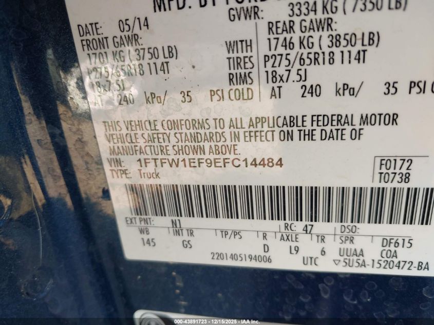 2014 Ford F-150 Xlt VIN: 1FTFW1EF9EFC14484 Lot: 43891723