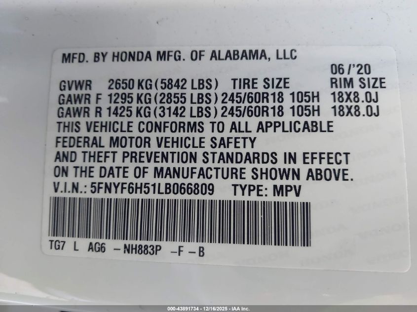 2020 Honda Pilot Awd Ex-L VIN: 5FNYF6H51LB066809 Lot: 43891734