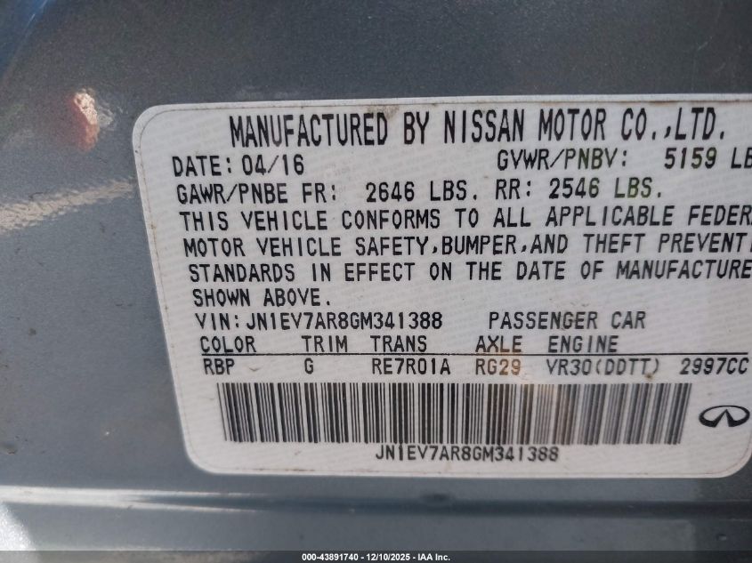 2016 Infiniti Q50 3.0T Premium VIN: JN1EV7AR8GM341388 Lot: 43891740