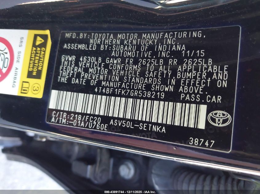 2016 Toyota Camry Le VIN: 4T4BF1FK7GR538219 Lot: 43891744