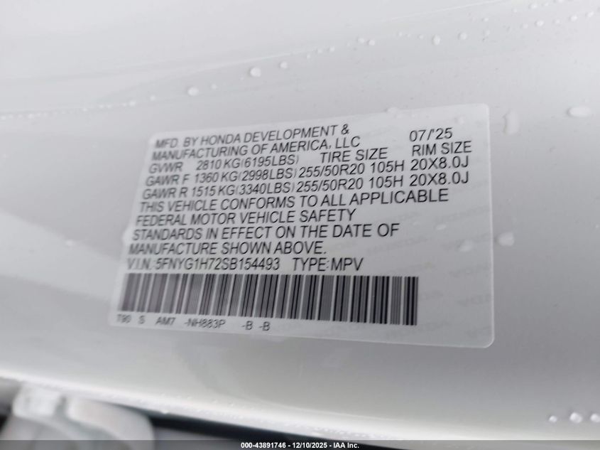 2025 Honda Pilot Touring VIN: 5FNYG1H72SB154493 Lot: 43891746