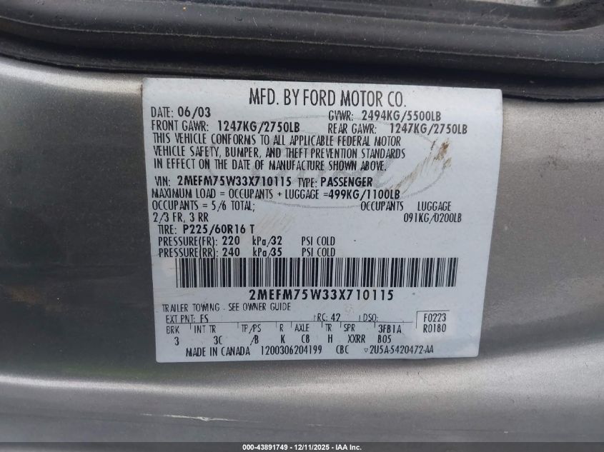 2003 Mercury Grand Marquis Ls VIN: 2MEFM75W33X710115 Lot: 43891749